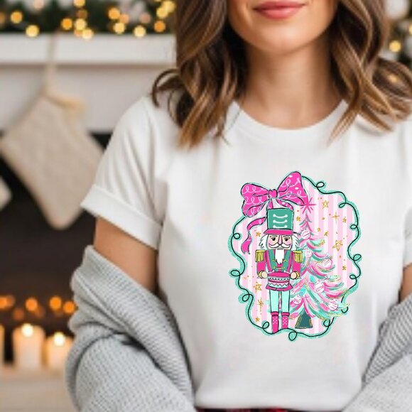 Nutcracker Unisex Bella Canva T-Shirt | Pink Christmas Tree Holiday Tee - Picture 1 of 9